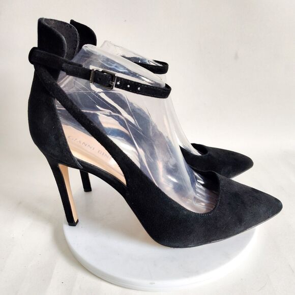 Gianni Bini Black Suede Strappy Ankle Strap Stiletto Heels Pointy Toe Cutouts 10 - Picture 1 of 10